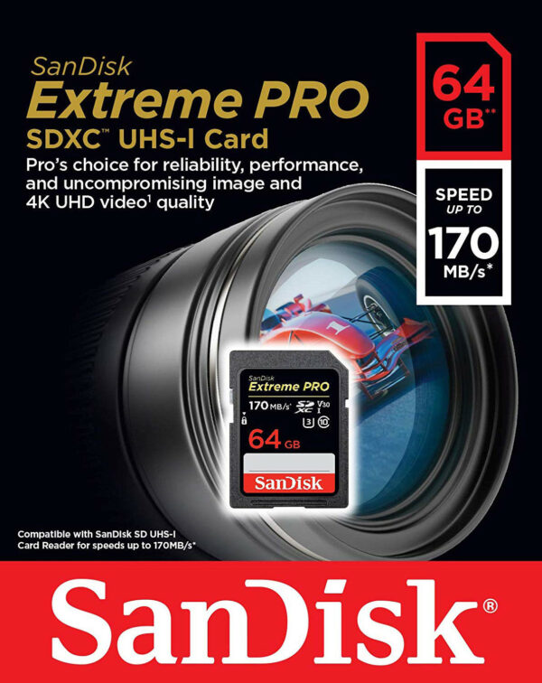 SanDisk 64GB Extreme PRO SD SDXC Memory Card UHS-I U3 4K HD Class 10 170MBs V30